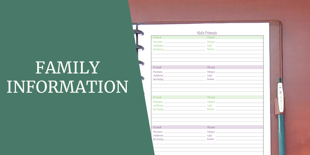 Preview of a "Kid's Friends" printable with color-coded rows for tracking friends' parents, phone numbers, addresses, and birthdays