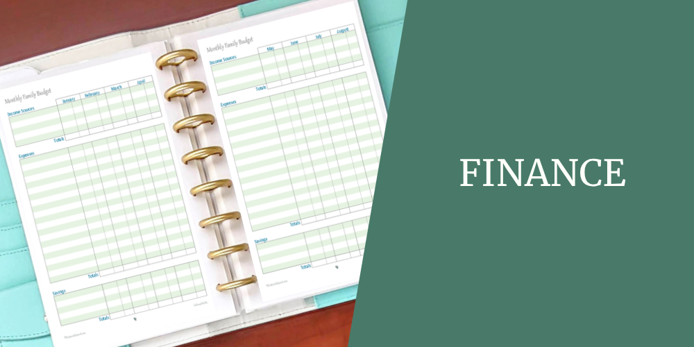Open binder showing a two-page "Monthly Family Budget" spreadsheet tracking income sources, expenses, and savings by month