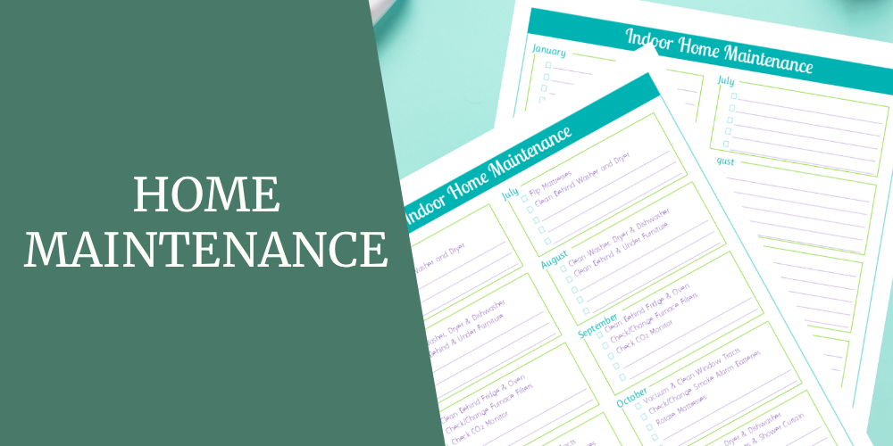 Two "Indoor Home Maintenance" checklist pages layered together, organized by month with task checkboxes