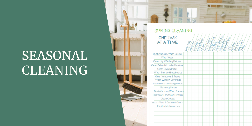"Spring Cleaning: One Task at a Time" checklist with a broom and dustpan in a bright kitchen, tracking cleaning tasks across each room of the house