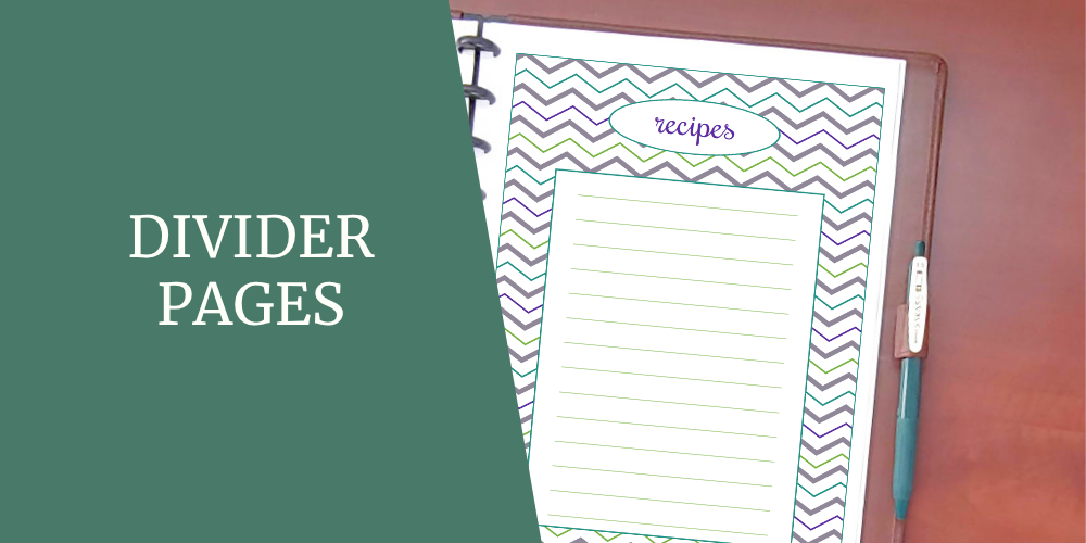 Brown leather letter size planner, showing a divider page titled "Recipes" with a space to create a list of what recipes are in that section.