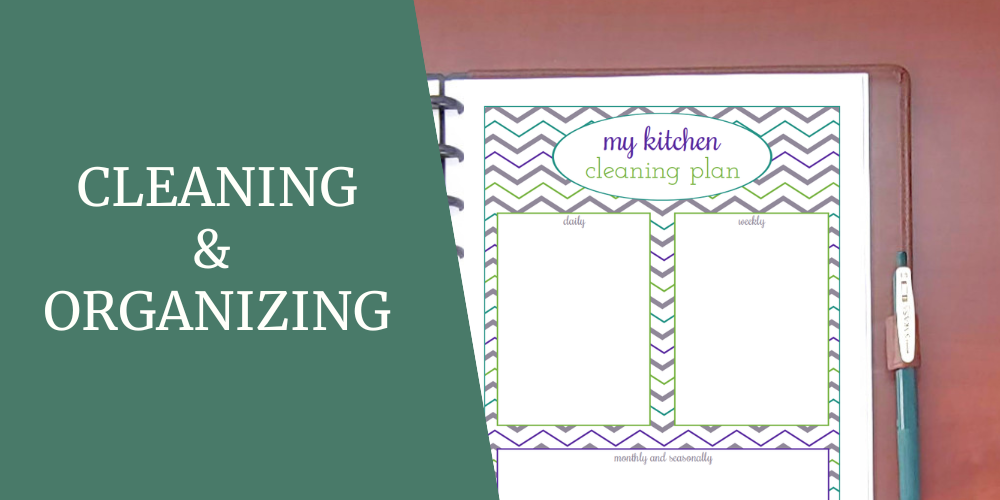 "My Kitchen Cleaning Plan" page, with spaces to lists daily, weekly, and monthly cleaning tasks, is in a brown planner.