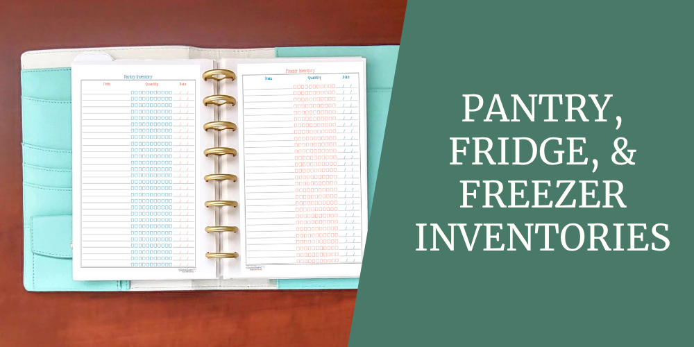 Teal, A5 planner lying open to show a pantry inventory page on the left and a freezer inventory page on the right.