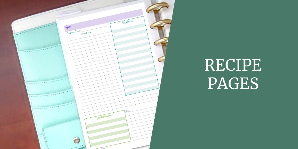 Purple, blue and green recipe page in a teal half letter size planner, lying on a wooden desk.