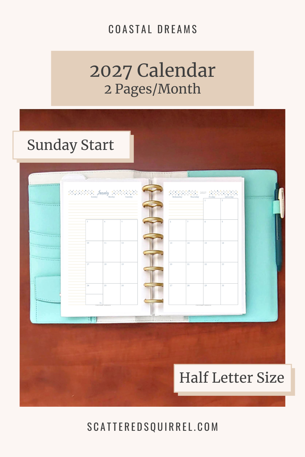 Two page monthly layout, Sunday start, half-letter size, 2027 calendar download button