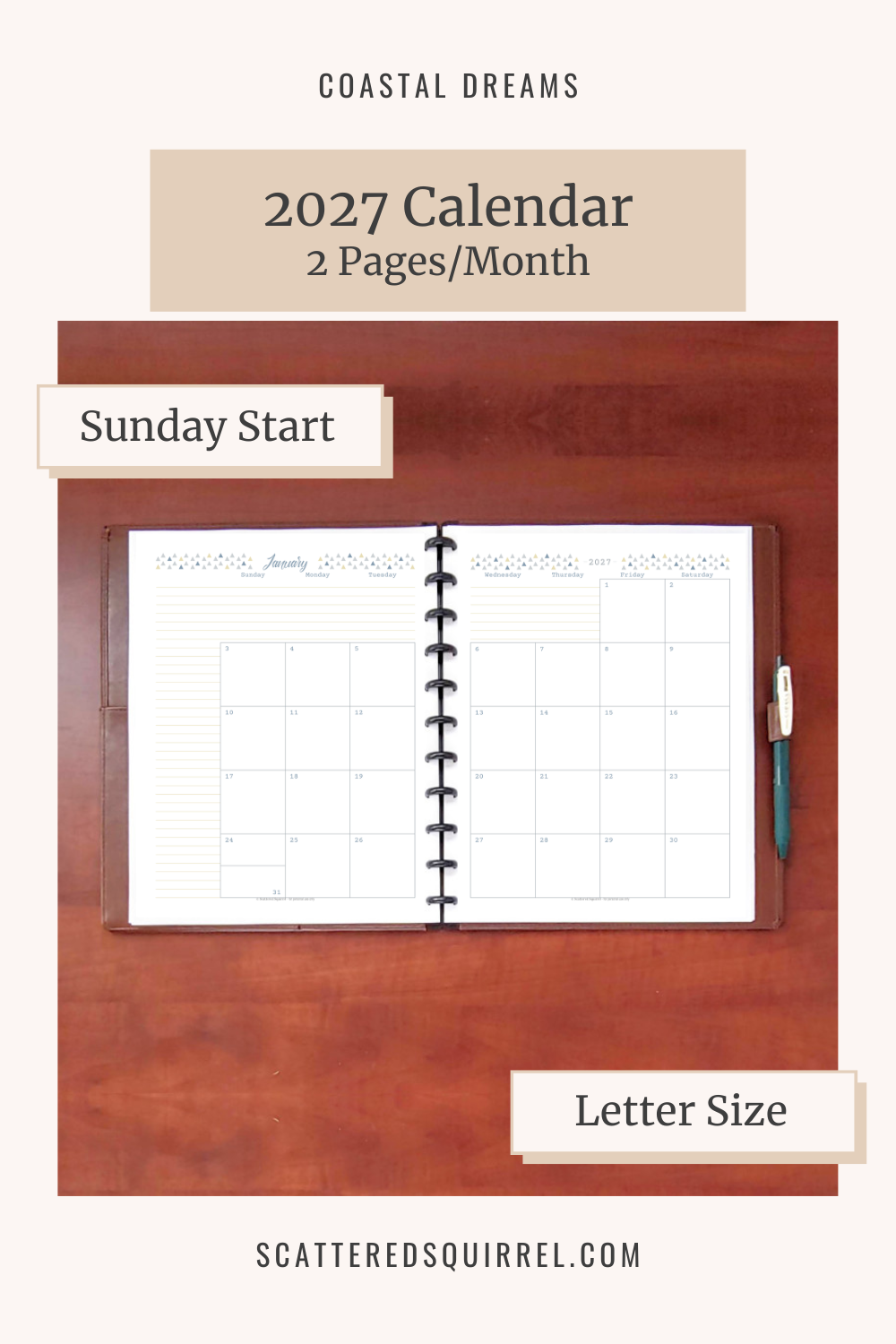 Two page monthly layout, Sunday start, letter size, 2027 calendar download button