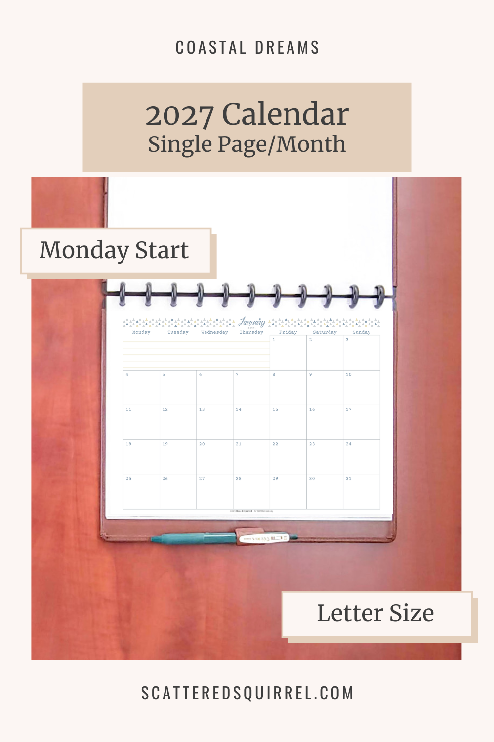 One page monthly layout, Monday start, letter size, 2027 calendar download button