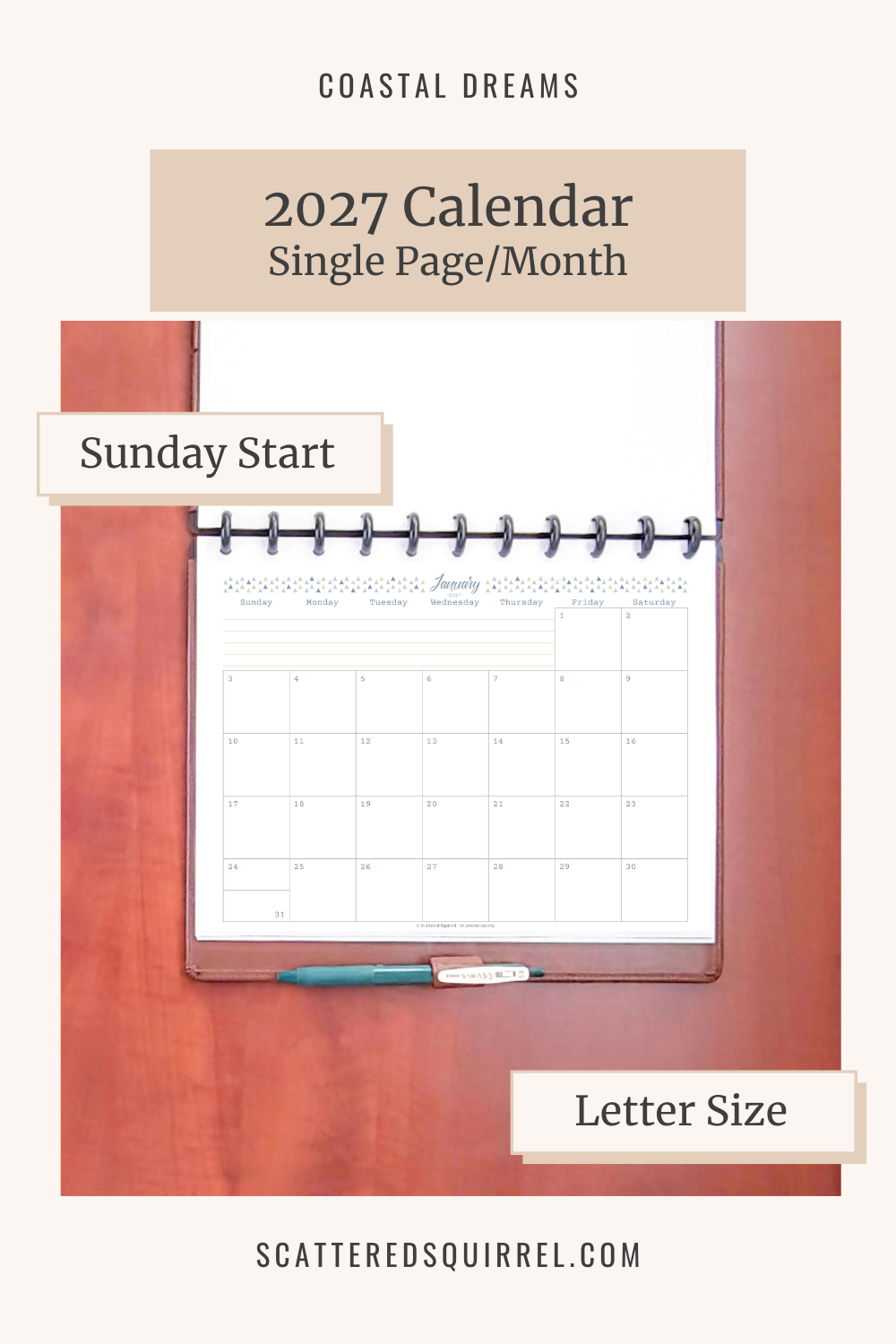 One page monthly layout, Sunday start, letter size, 2027 calendar download button